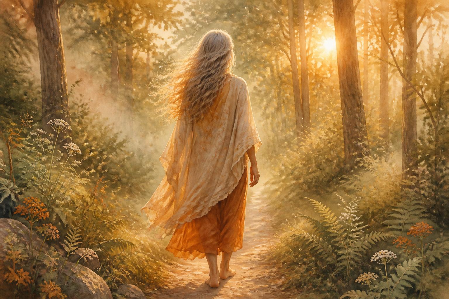 Mulher caminhando em um caminho natural ao amanhecer, no seu próprio ritmo